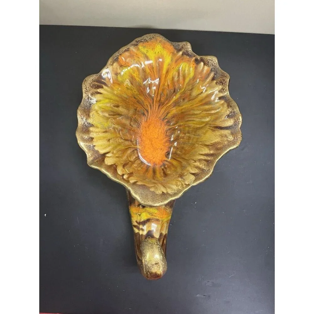 Large Vintage Vase Ceramic Horn Of Plenty Cornucopia MCM Drip Glaze Orange Brown - Picture 11 of 12
